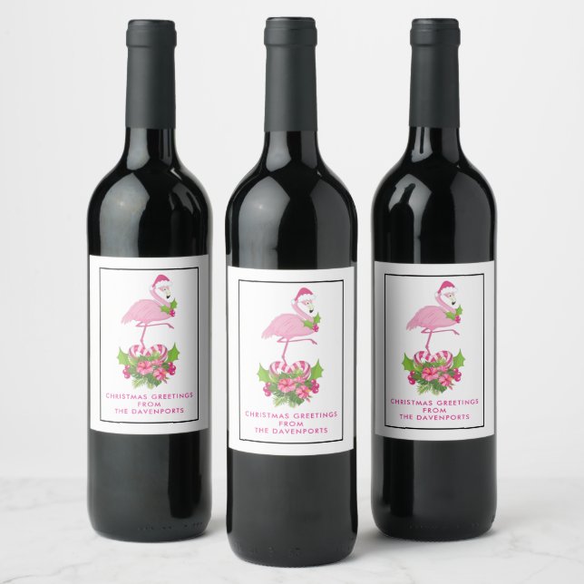 Pink Flamingo in Santa Hat Whimsical Christmas Wine Label (Bottles)