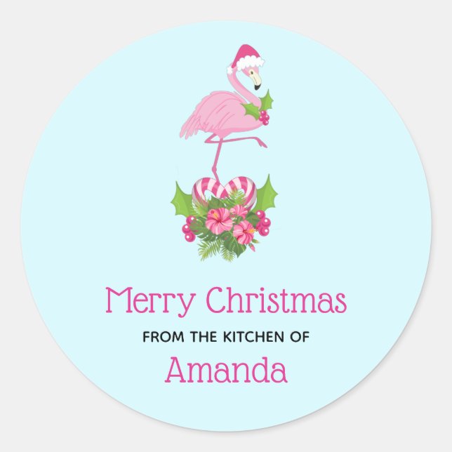 Pink Flamingo in Santa Hat Whimsical Kitchen Classic Round Sticker (Front)