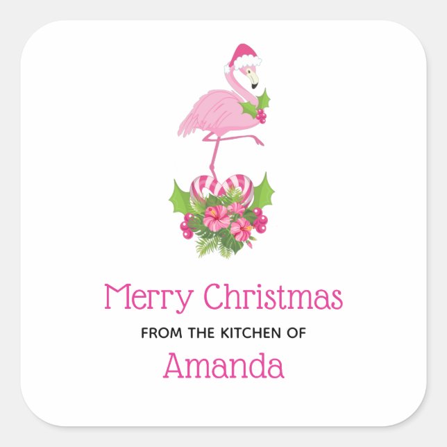 Pink Flamingo in Santa Hat Whimsical Kitchen Square Sticker (Front)