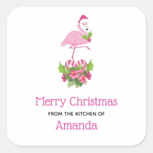 Pink Flamingo in Santa Hat Whimsical Kitchen Square Sticker