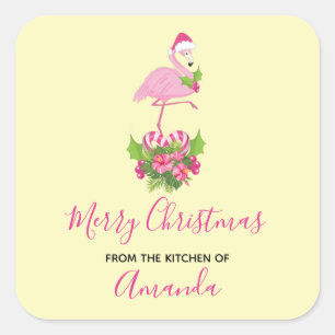 Pink Flamingo in Santa Hat Whimsical Kitchen Square Sticker