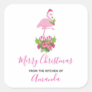 Pink Flamingo in Santa Hat Whimsical Kitchen Square Sticker