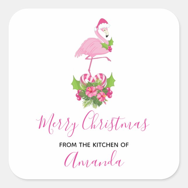 Pink Flamingo in Santa Hat Whimsical Kitchen Square Sticker (Front)