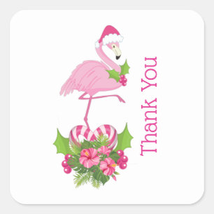Pink Flamingo in Santa Hat Whimsical Thank You Square Sticker