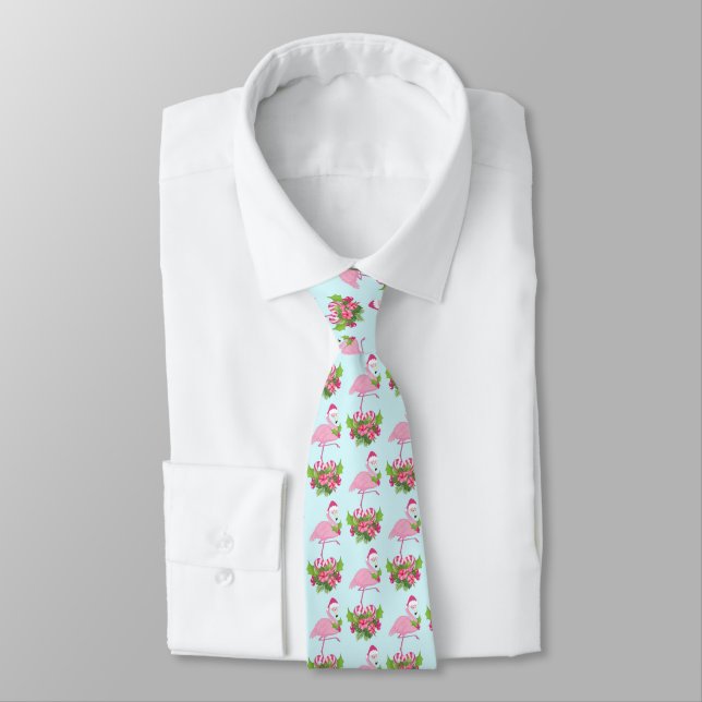 Pink Flamingo in Santa Hat Whimsical Xmas Pattern Tie (Tied)