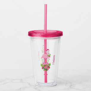 Pink Flamingo in Santa Hat with Candy Cane Bouquet Acrylic Tumbler
