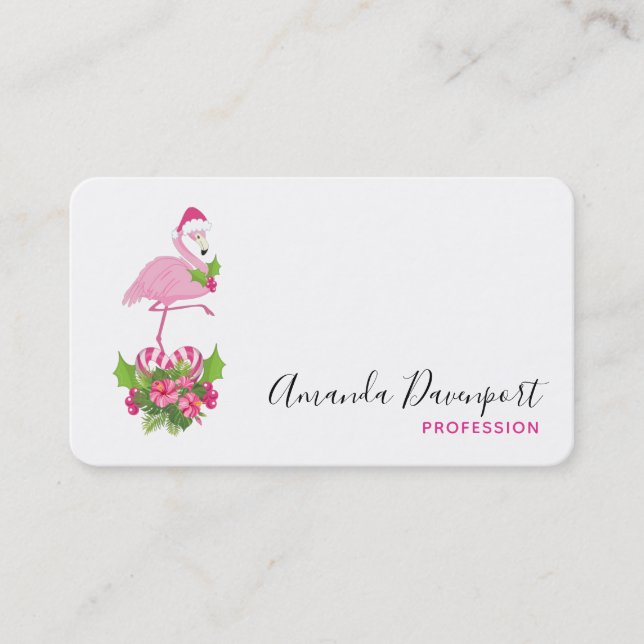 Pink Flamingo in Santa Hat with Candy Cane Bouquet Business Card (Front)