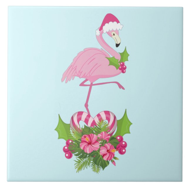 Pink Flamingo in Santa Hat with Candy Cane Bouquet Ceramic Tile (Front)