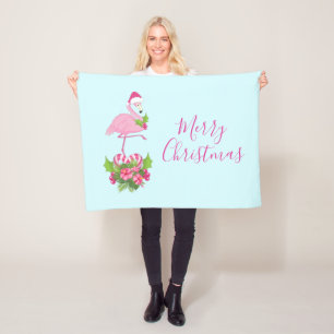 Pink Flamingo in Santa Hat with Candy Cane Bouquet Fleece Blanket