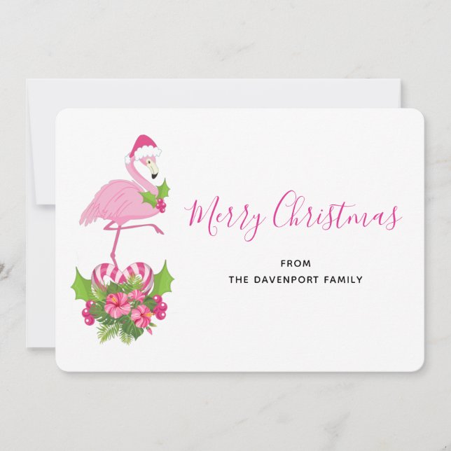 Pink Flamingo in Santa Hat with Candy Cane Bouquet Holiday Card (Front)