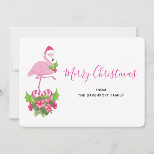 Pink Flamingo in Santa Hat with Candy Cane Bouquet Holiday Card