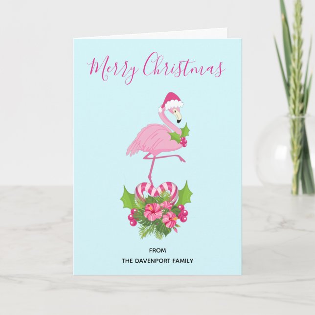Pink Flamingo in Santa Hat with Candy Cane Bouquet Holiday Card (Front)