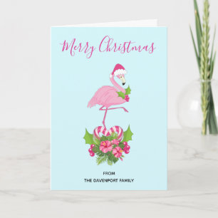Pink Flamingo in Santa Hat with Candy Cane Bouquet Holiday Card