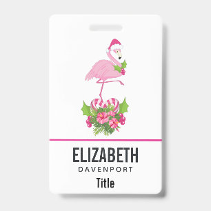 Pink Flamingo in Santa Hat with Candy Cane Bouquet ID Badge