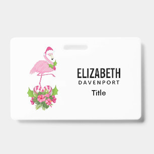Pink Flamingo in Santa Hat with Candy Cane Bouquet ID Badge