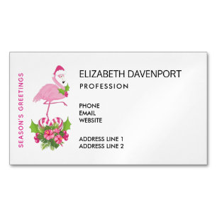 Pink Flamingo in Santa Hat with Candy Cane Bouquet Magnetic Business Card