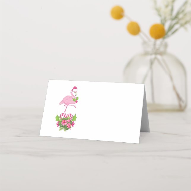 Pink Flamingo in Santa Hat with Candy Cane Bouquet Place Card (Front)