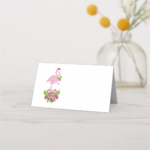 Pink Flamingo in Santa Hat with Candy Cane Bouquet Place Card