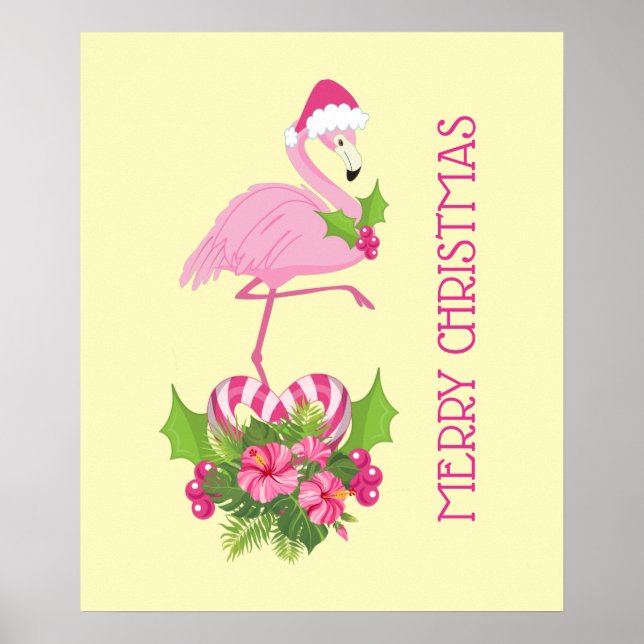 Pink Flamingo in Santa Hat with Candy Cane Bouquet Poster (Front)