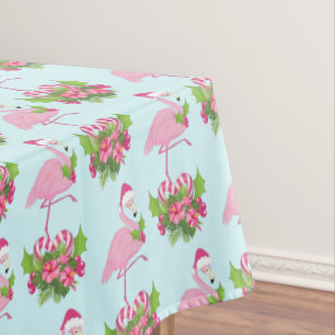 Pink Flamingo in Santa Hat with Candy Cane Bouquet Tablecloth