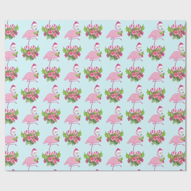 Pink Flamingo in Santa Hat with Candy Cane Bouquet Wrapping Paper (Flat)