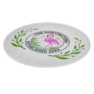 Pink Flamingo in Water Family Name Date Estd #1CW Cutting Board