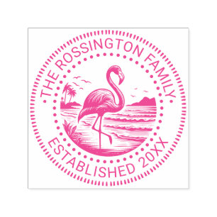 Pink Flamingo in Water Family Name Date Estd #2CN Self-inking Stamp