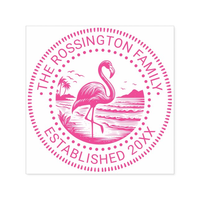 Pink Flamingo in Water Family Name Date Estd #2CN Self-inking Stamp (Design)