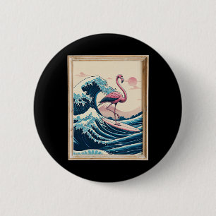 Pink Flamingo Japanese Great Wave Surfer - Funny B 6 Cm Round Badge