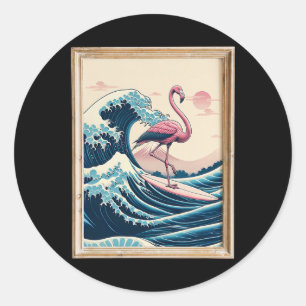 Pink Flamingo Japanese Great Wave Surfer - Funny B Classic Round Sticker