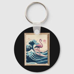 Pink Flamingo Japanese Great Wave Surfer - Funny B Key Ring