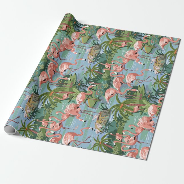 Pink Flamingo Lagoon Paint by Number Wrapping Paper (Unrolled)
