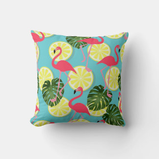 Pink Flamingo Lemon Slice Tropical Leaf Reversible Cushion