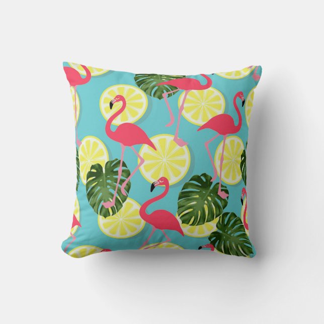 Pink Flamingo Lemon Slice Tropical Leaf Reversible Cushion (Front)