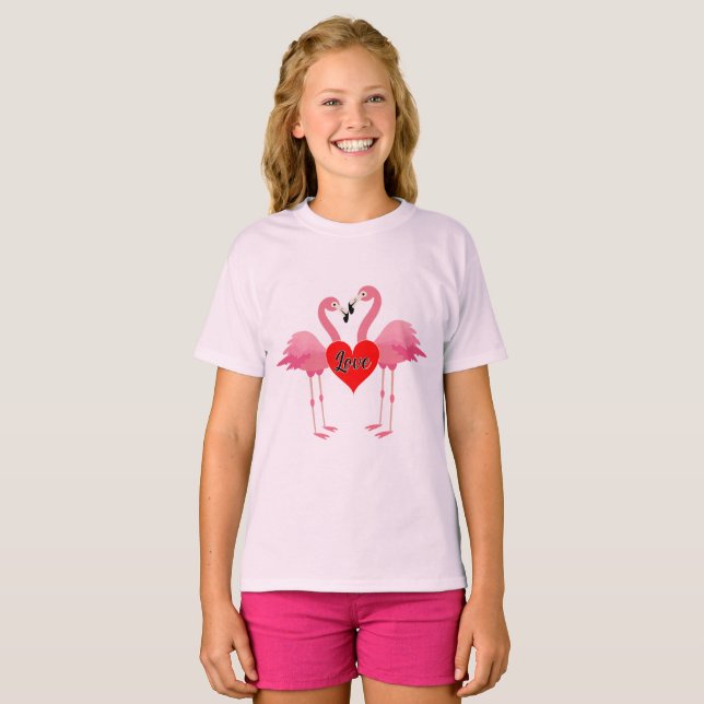 Pink Flamingo Love Design - Girls' Basic T-Shirt (Front Full)