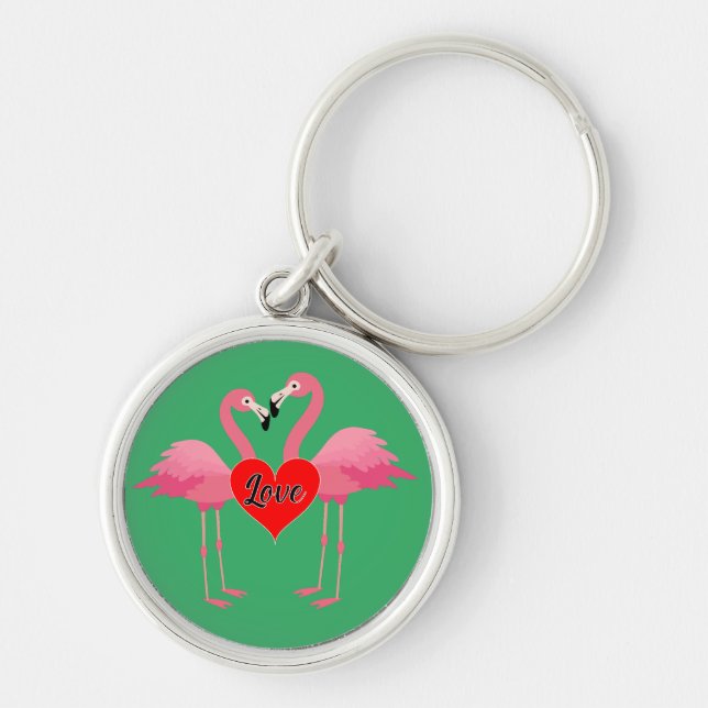 Pink Flamingo Love Design - Premium Round Keychain (Front)