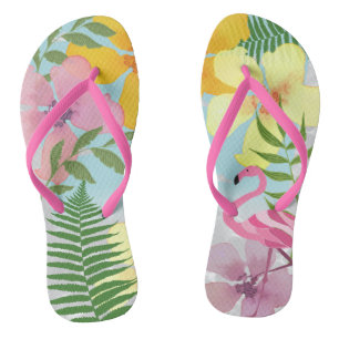 Pink Flamingo Luau Tropical Colourful Floral Summe Thongs