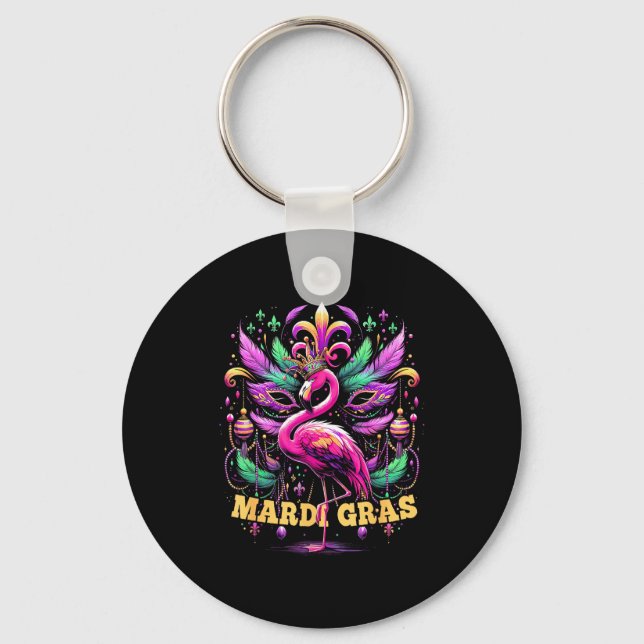Pink Flamingo Mardi Gras Crown And Beads Mask Carn Key Ring (Front)