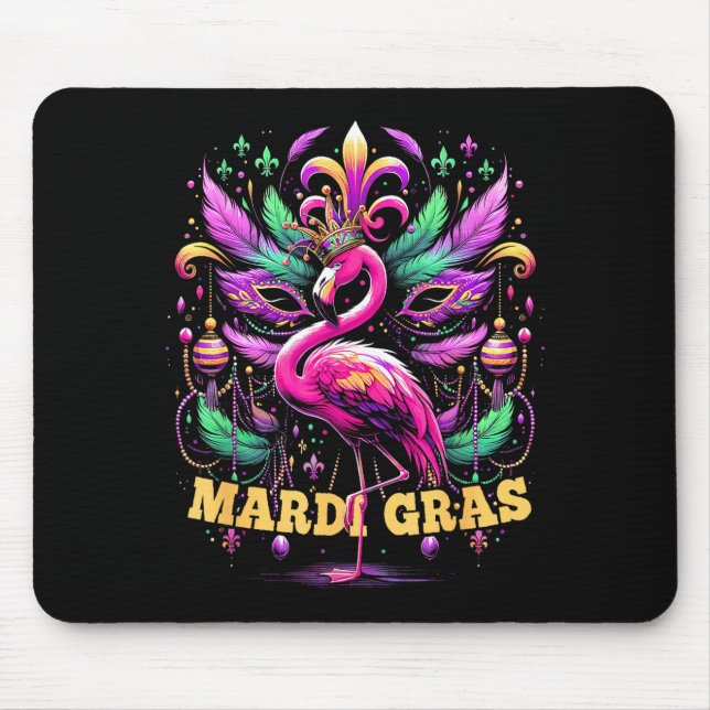 Pink Flamingo Mardi Gras Crown And Beads Mask Carn Mouse Pad (Front)