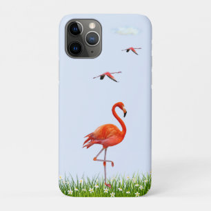 Pink Flamingo & Meadow with Flowers on Light Blue iPhone 11 Pro Case
