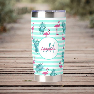 Pink flamingo mint green stripes palm leaves insulated tumbler