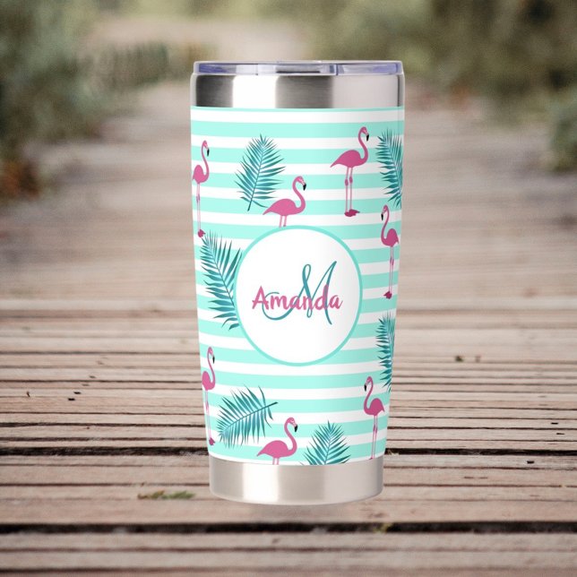 Pink flamingo mint green stripes palm leaves insulated tumbler (Creator Uploaded)