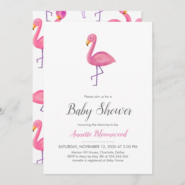 Pink Flamingo Modern Baby Shower Invitation (Front/Back)