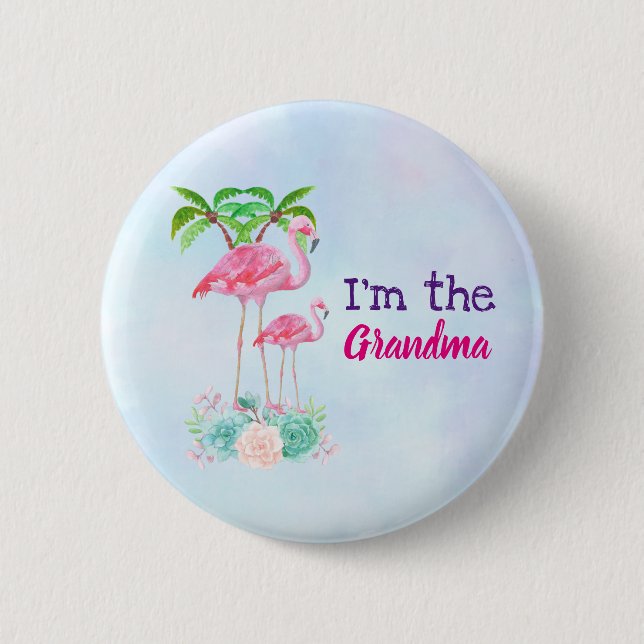 Pink Flamingo Momma & Baby with Palm Trees 6 Cm Round Badge (Front)