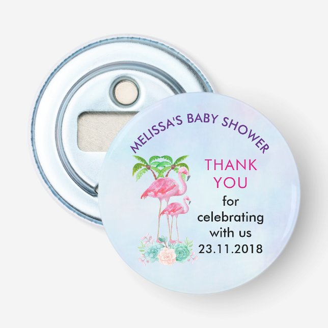 Pink Flamingo Momma & Baby with Palm Trees Bottle Opener (Front)