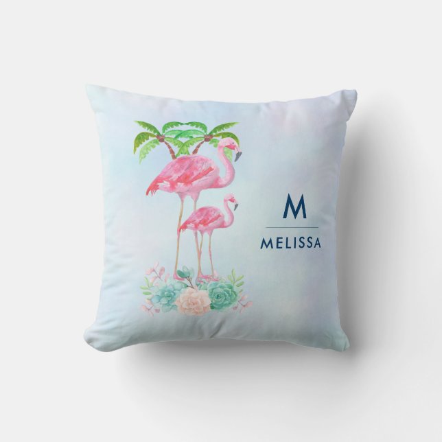 Pink Flamingo Momma & Baby with Palm Trees Cushion (Front)