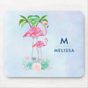 Pink Flamingo Momma & Baby with Palm Trees Custom Mouse Pad