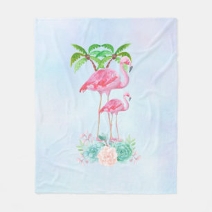 Pink Flamingo Momma & Baby with Palm Trees Fleece Blanket