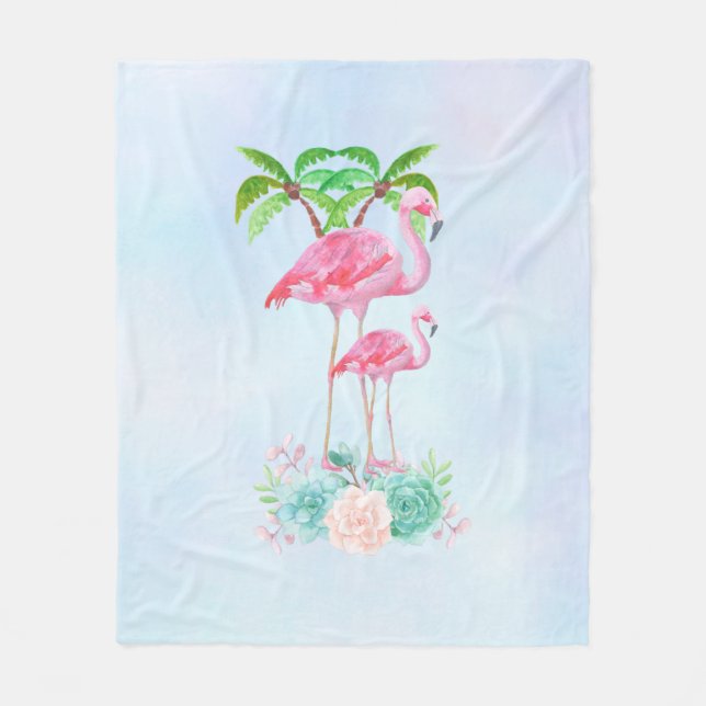 Pink Flamingo Momma & Baby with Palm Trees Fleece Blanket (Front)