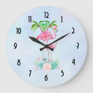 Pink Flamingo Momma & Baby with Palm Trees Large Clock